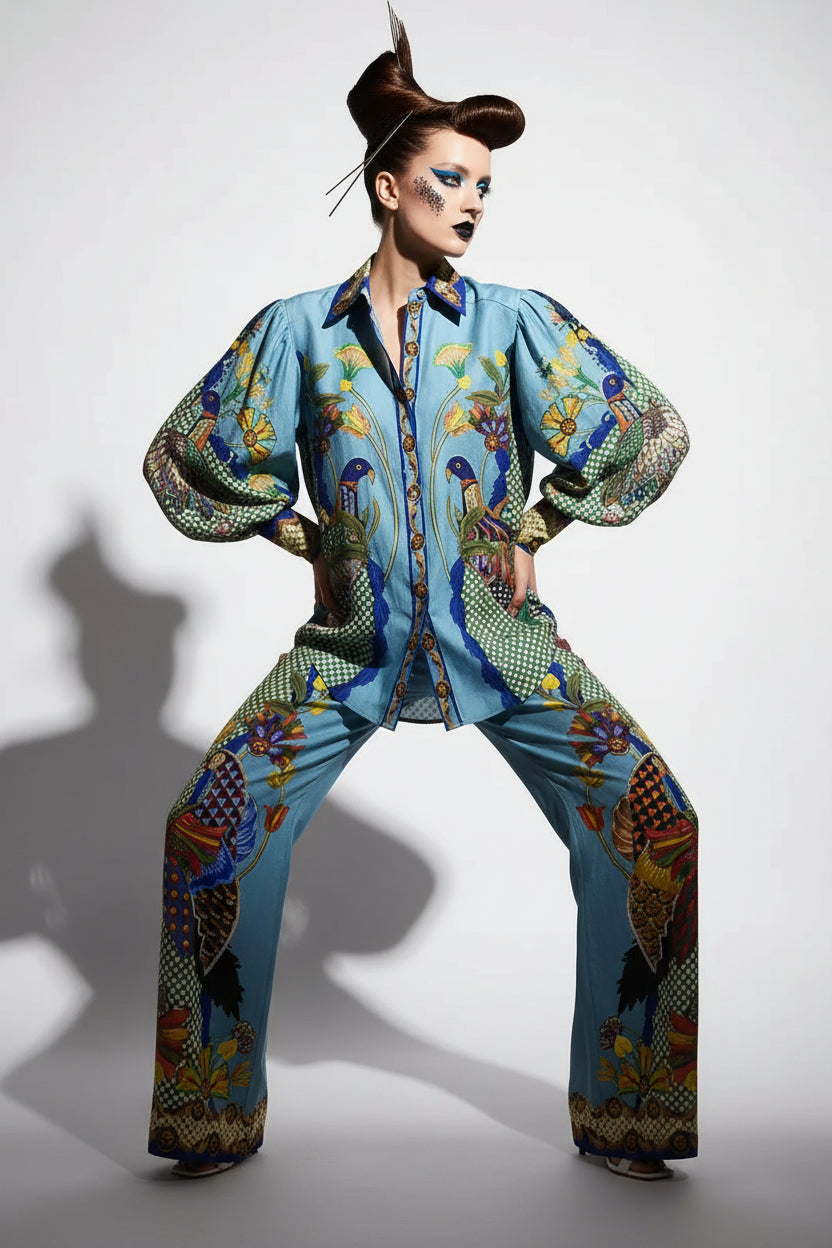 A model stands against a plain light gray studio background wearing a matching light blue two-piece set with a vibrant peacock print. The set includes a long-sleeve button-up shirt and wide-leg trousers.