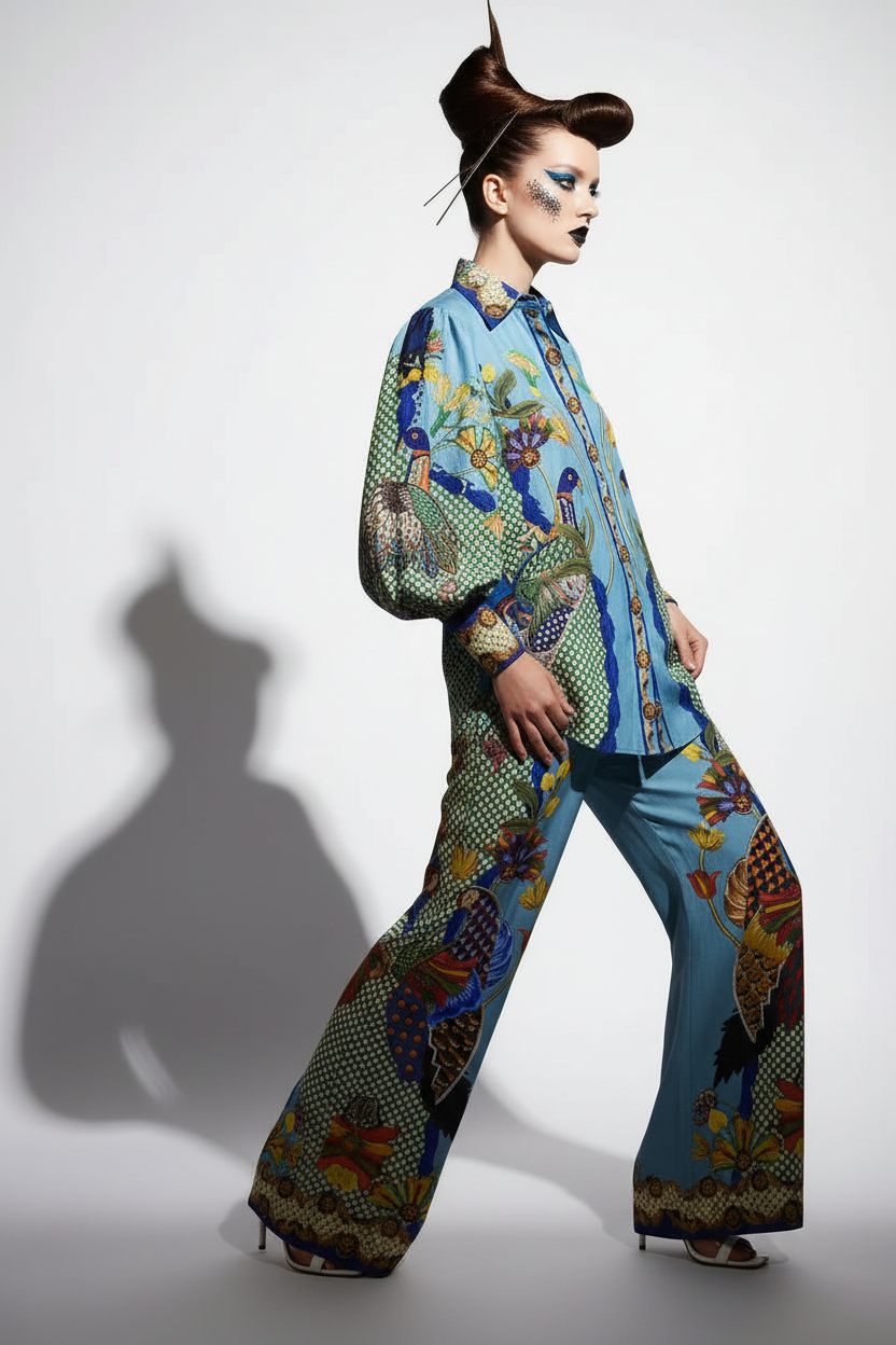 A model poses in a light blue two-piece set featuring a vibrant, multicolored patchwork print with birds and floral motifs, styled with a matching hat against a white studio background with a prominent shadow.