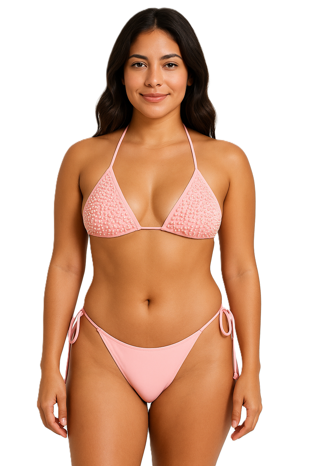Woman wearing a pink bikini on a white background