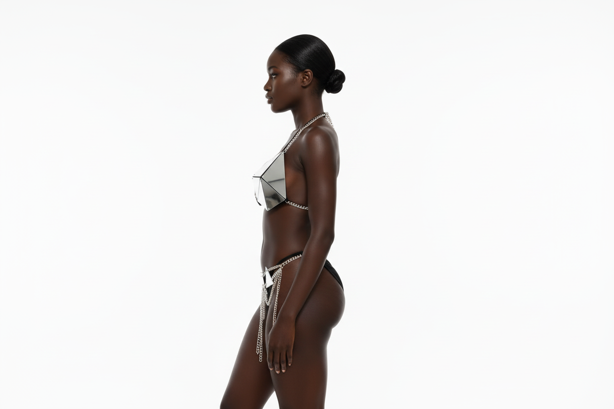 Woman wearing a black and silver geometric bikini with chain details on a white background