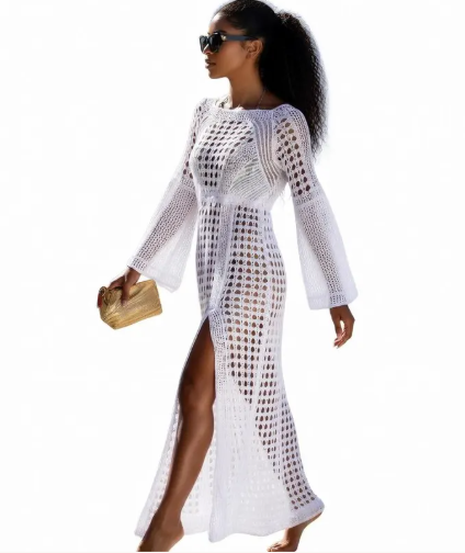 White Boho Crochet Long Sleeve Maxi Dress with High Slit – Luxury Resort Cover-Up