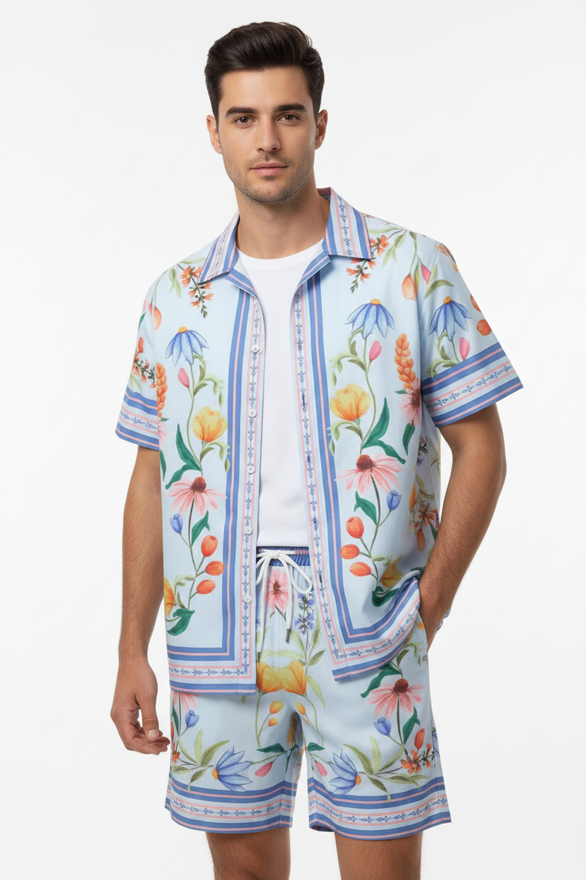 Blue Bloom Co-Ord Men Shirt and Shorts Set US Size Large