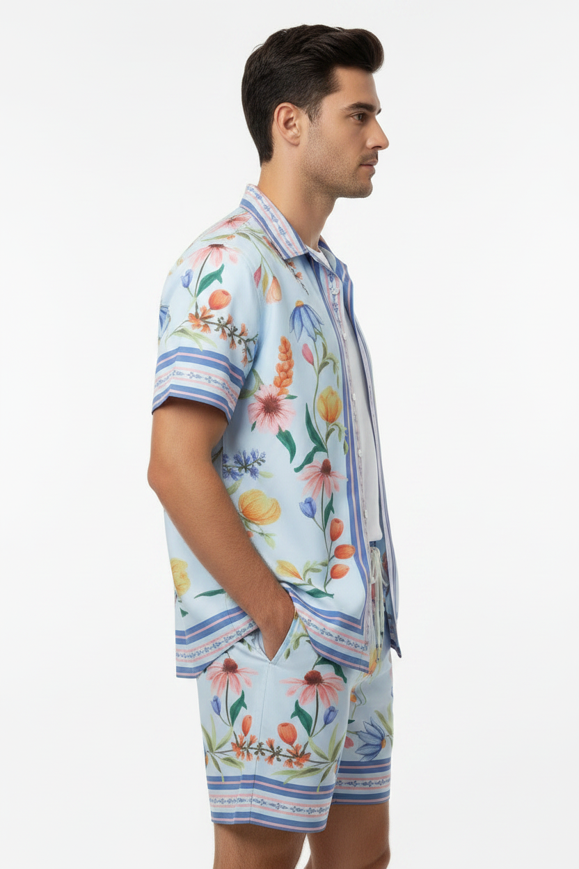 Blue Bloom Co-Ord Men Shirt and Shorts Set US Size Large