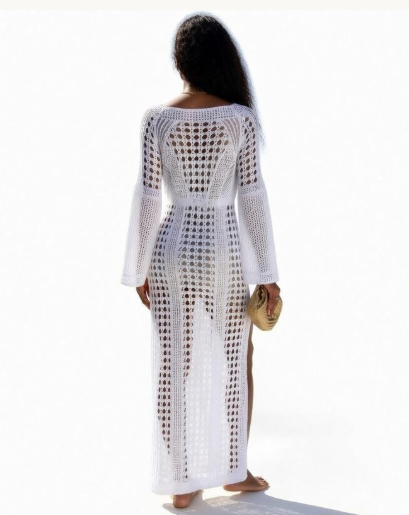 White Boho Crochet Long Sleeve Maxi Dress with High Slit – Luxury Resort Cover-Up
