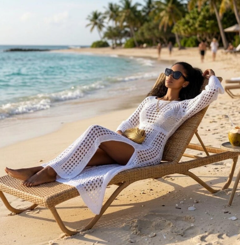 White Boho Crochet Long Sleeve Maxi Dress with High Slit – Luxury Resort Cover-Up