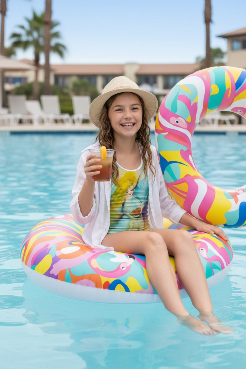 A young girl smiling by a swimming pool, wearing a beige sun hat, a white open-front shirt, and a colorful swimsuit, holding a drink while sitting on a bright inflatable pool float.