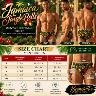 Jamaica Jingle Bells Men's Christmas Briefs – Black, Green & Gold Festive Holiday Underwear | Bronxinit Boutique