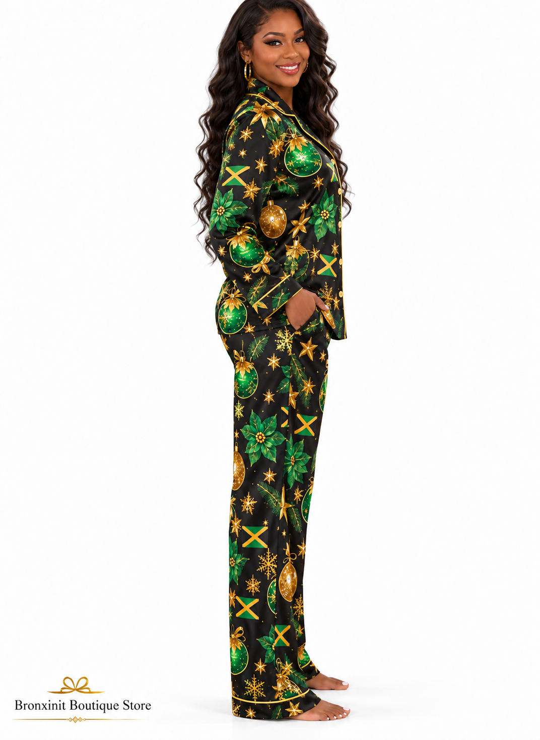 Jamaica Christmas Satin Pajama Set – Black Green & Gold Holiday Sleepwear, Jamaican Gift for Her