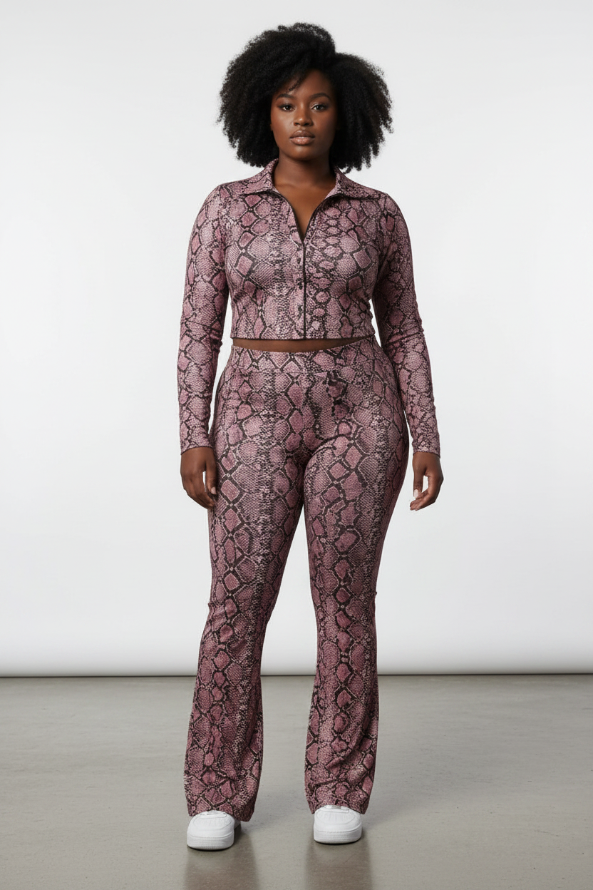 The Mauve Python Co-Ord Set-Long Sleeve Crop Top and Flare Legging Co-Ord