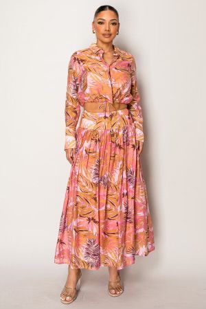 Model wearing Bronxinit Boutique Sunset Palms Maxi Set front view