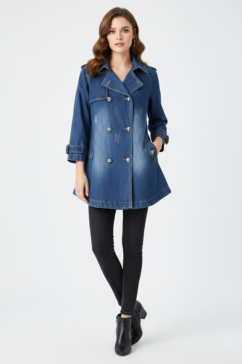 Denim jacket on a hanger against a white background