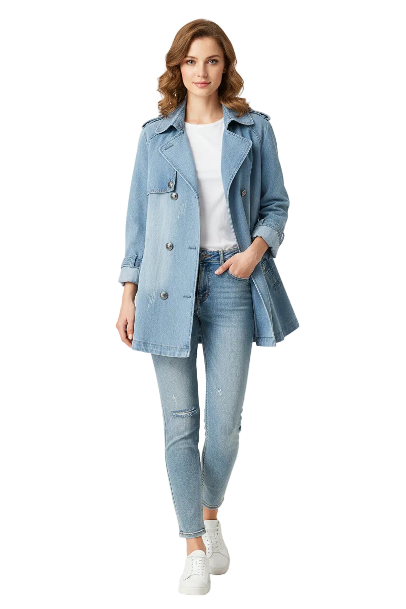 Light blue denim jacket on a white background