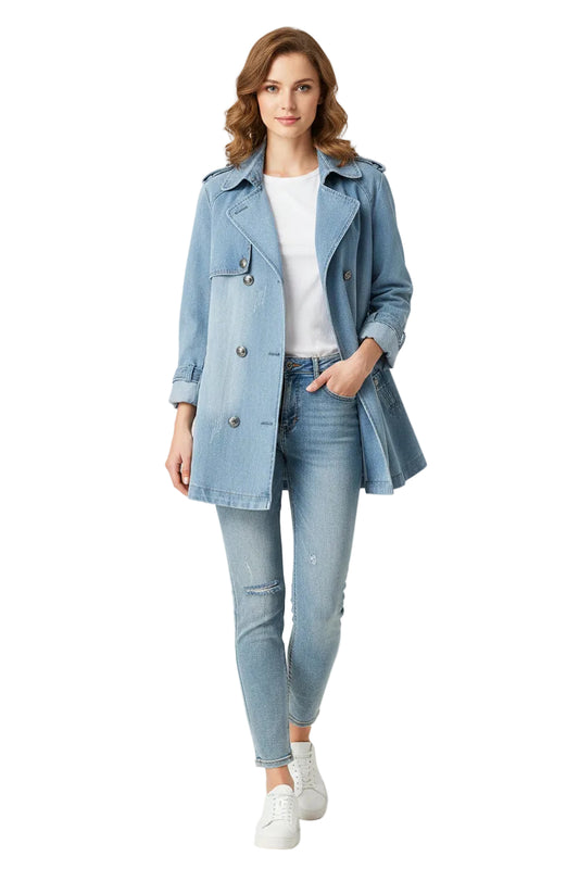 Light blue denim jacket on a white background