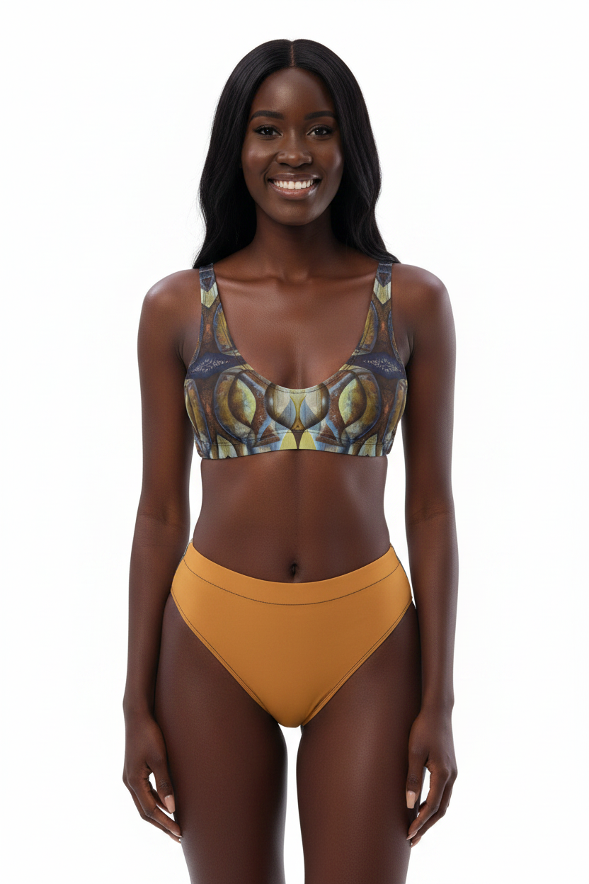 A woman modeling a two-piece bikini set against a plain white background. The top has an abstract, organic pattern in olive green, yellow, and dark gray, while the bottoms are a solid mustard yellow.