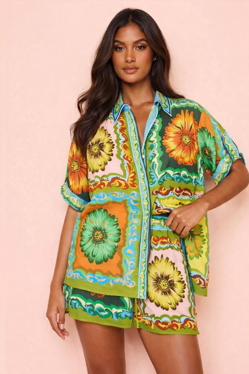 Floral linen short set for women featuring lightweight button-down shirt and drawstring shorts, summer vacation outfit
