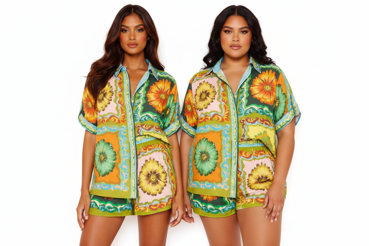 Tropical Bloom Linen Short Set – Luxury Floral Button-Up Shirt & Matching Shorts, Resort Vacation Outfit