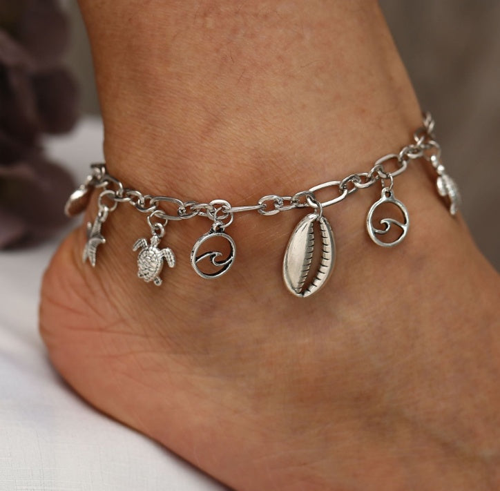 Boho Turtle & Starfish Charm Anklet Set