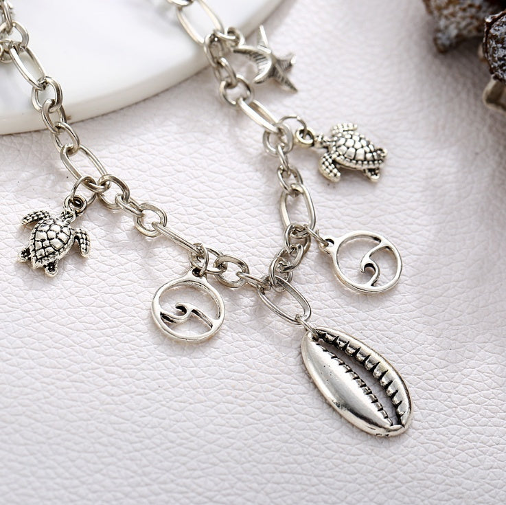 Boho Turtle & Starfish Charm Anklet Set
