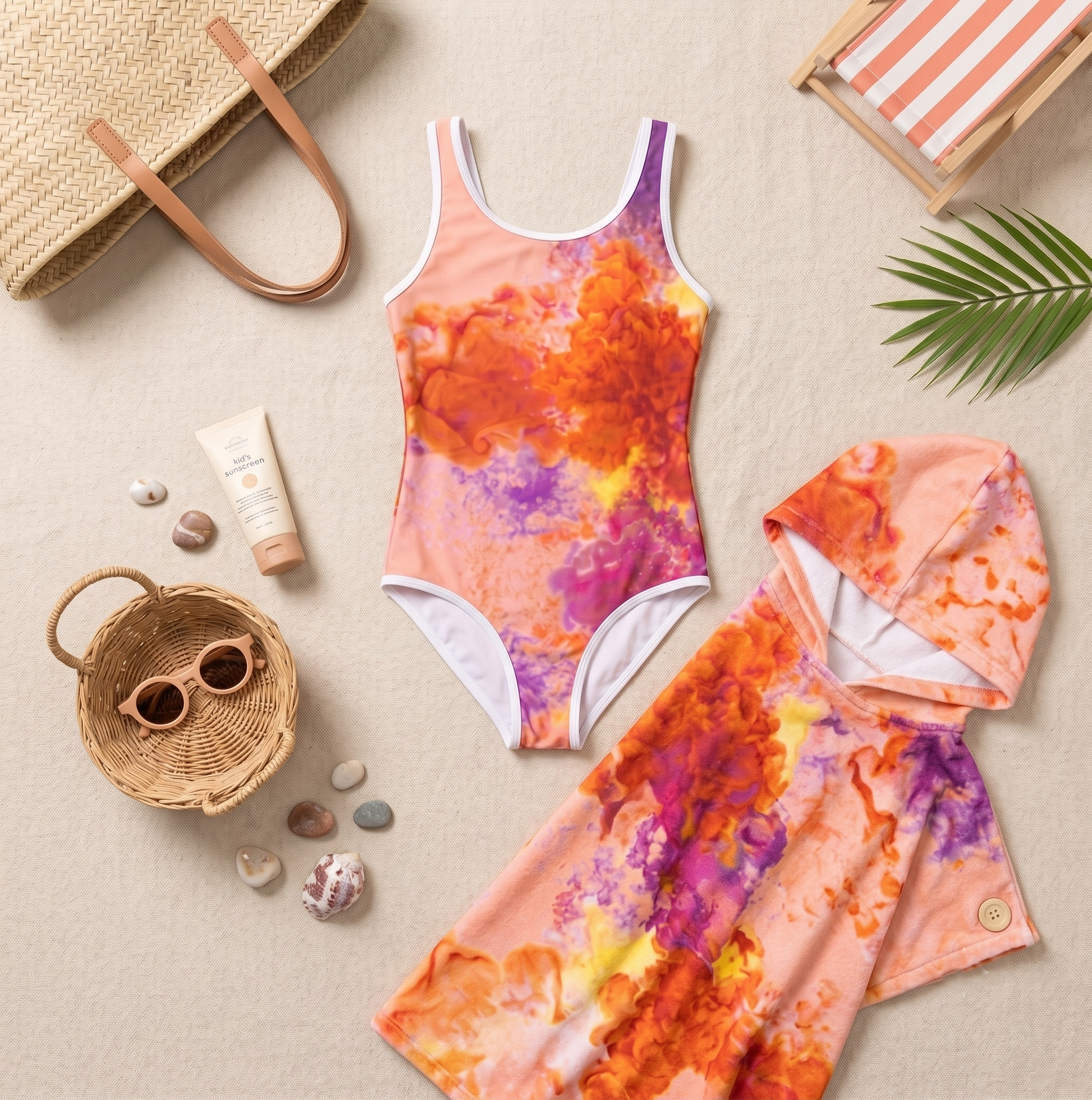 Colorful swimsuit and towel set with beach accessories on a beige surface