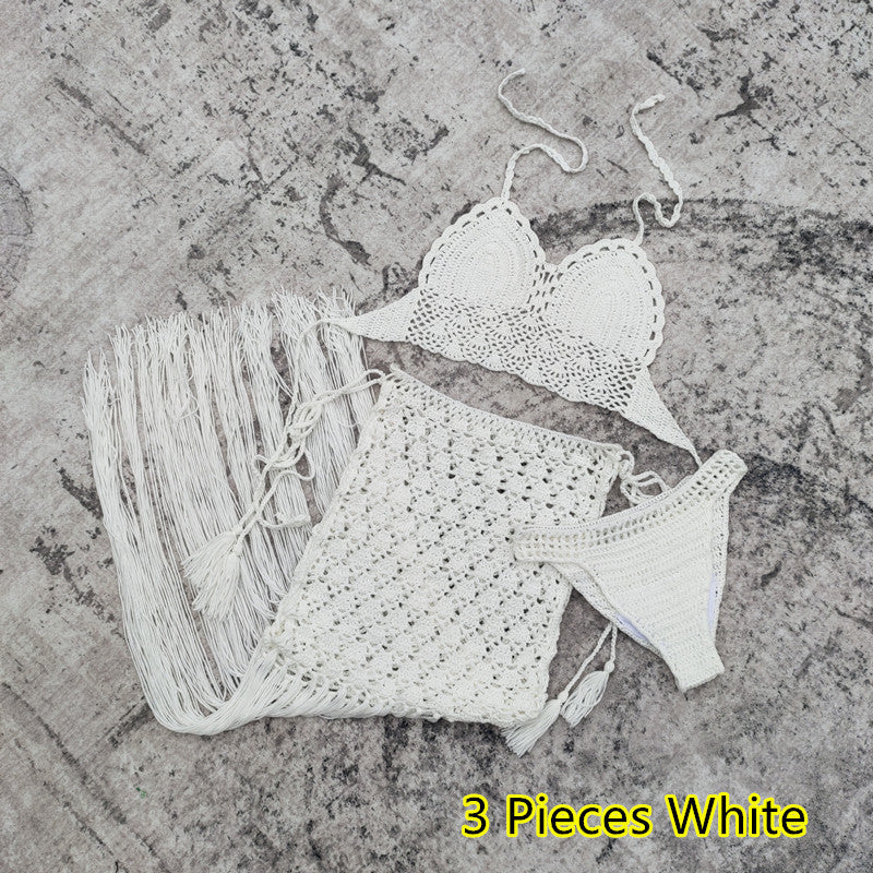 White crochet bikini set on a textured surface with '3 Pieces White' text.