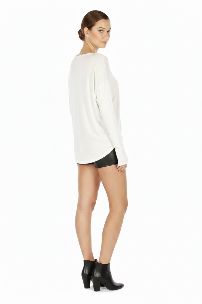 Ellie & Kate Basic Round Neck With Long Sleeve Top Off White- Large