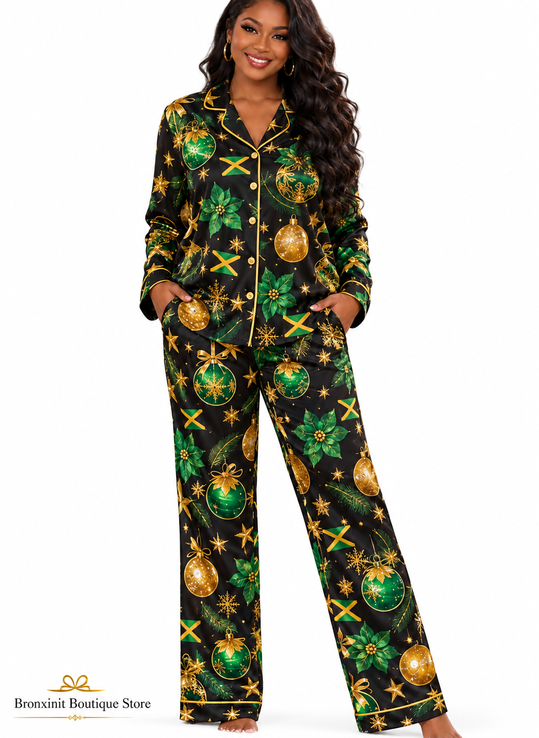 Jamaica Christmas Satin Pajama Set – Black Green & Gold Holiday Sleepwear, Jamaican Gift for Her