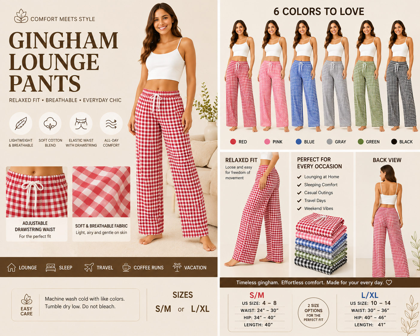 A promotional collage for Gingham Lounge Pants showing a woman modeling red-and-white gingham pajama pants, with additional color options (pink, blue, gray, green, black) displayed in a row. The layout includes product close-ups, feature callouts, sizing information, and a back-view panel on a white background with decorative accents.