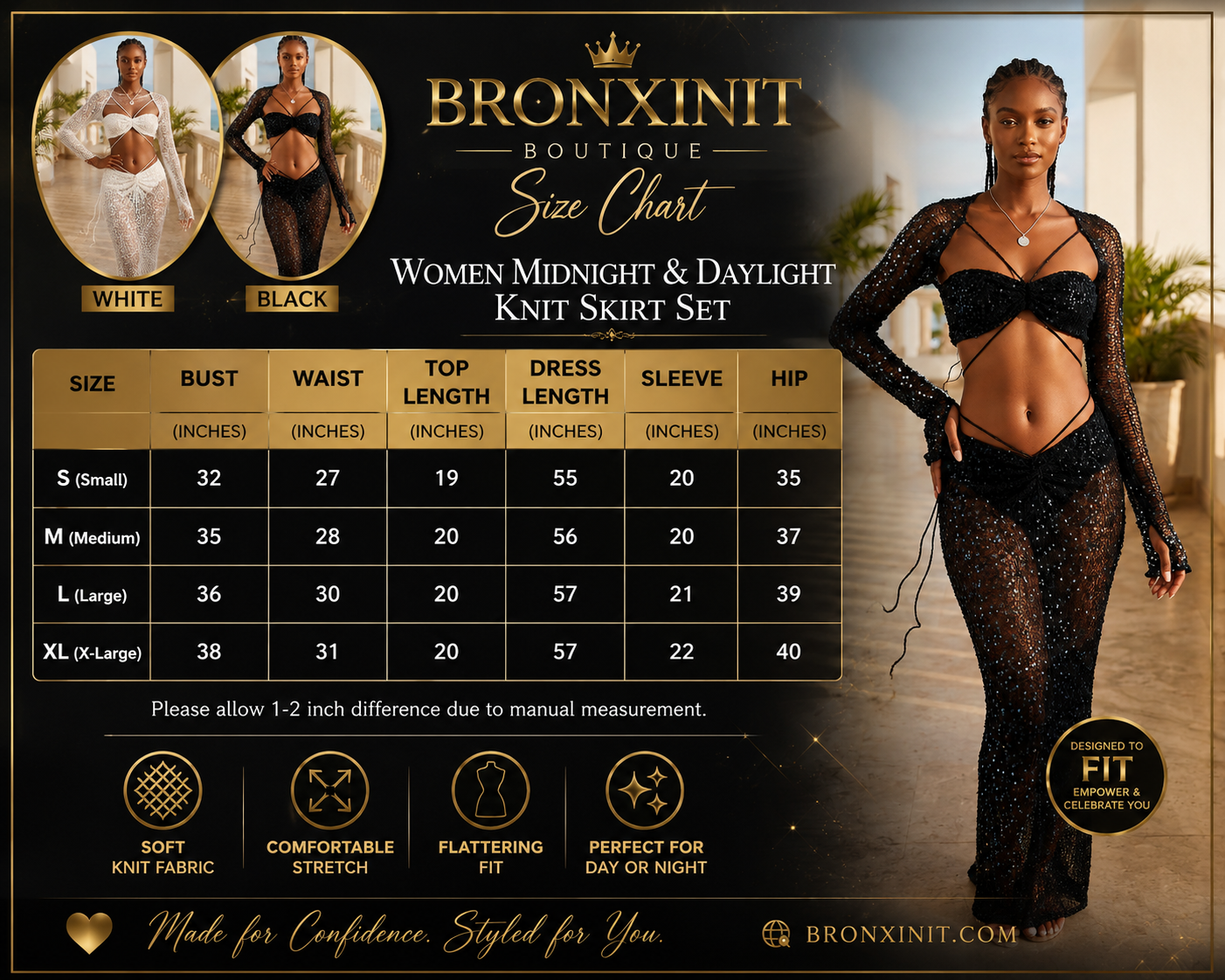 Bronxinit Boutique size chart for women's midnight and daylight knit skirt sets, showing measurements in a size table with model photos in white and black on the left and a model wearing a sheer black knit set on the right.