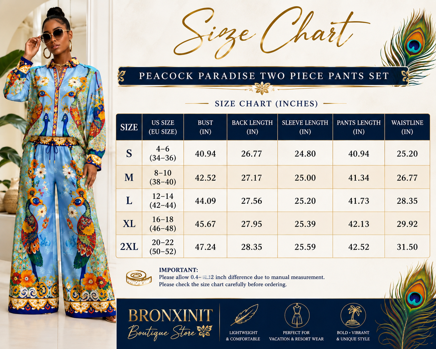 A size chart graphic for the Bronxit Paradise Two Piece Pants Set, featuring a model on the left wearing a vibrant blue and orange patterned traditional outfit, alongside a detailed sizing table from S to 2XL in inches. The Bronxit Boutique Store logo is displayed at the bottom.