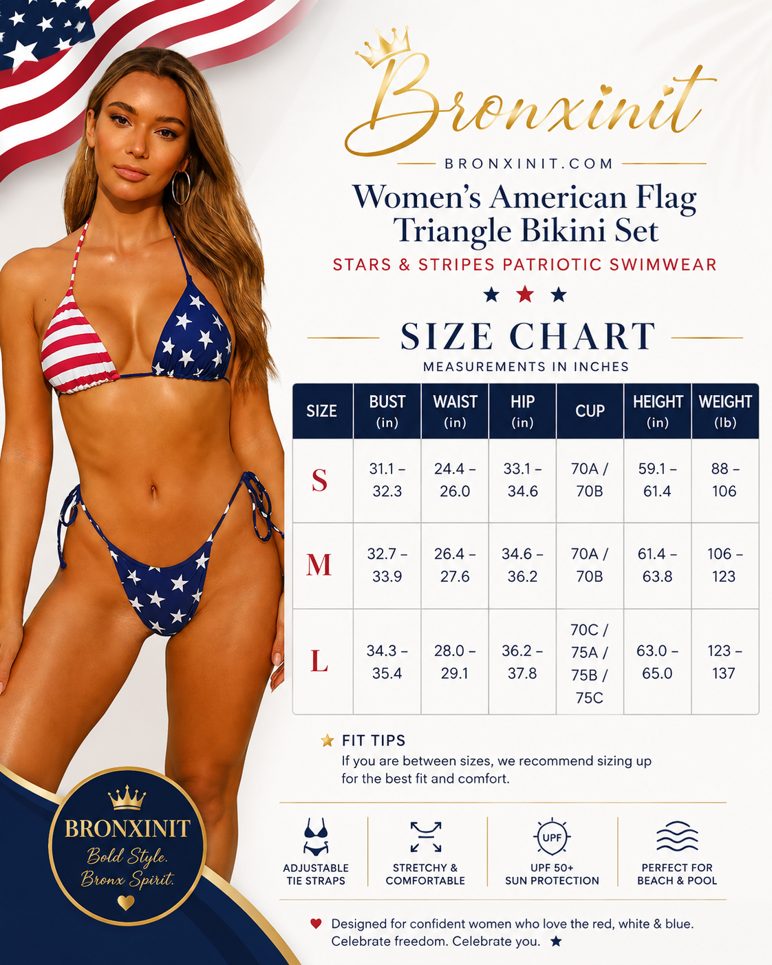 Size chart graphic for the Bronxinit Women's American Flag Triangle Bikini Set, featuring a model wearing the bikini on the left and a size chart table on the right. The bikini has a red, white, and blue patriotic pattern with stars and stripes.