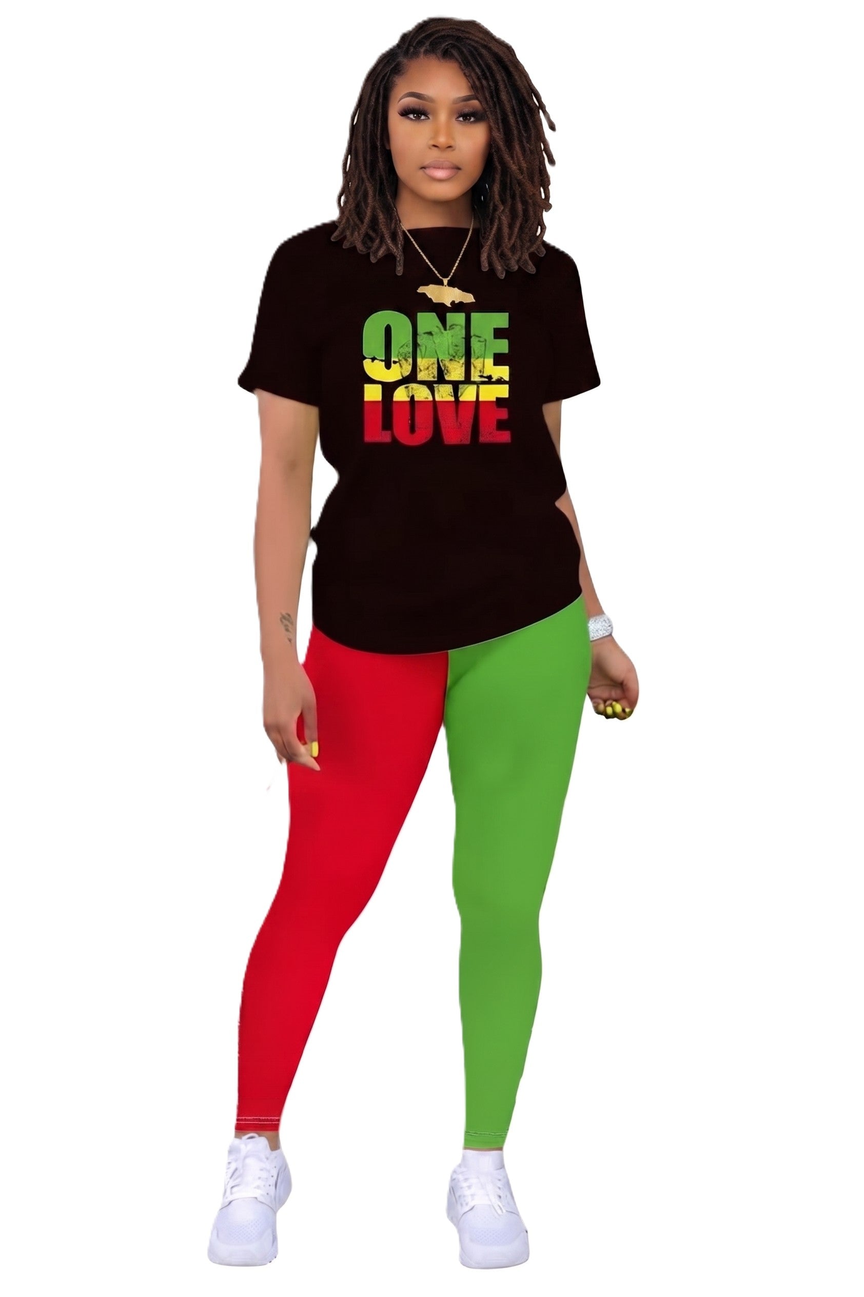 A woman modeling a black t-shirt with 'ONE LOVE' printed in red, yellow, and green, paired with split red and green leggings and white sneakers, against a plain white background.