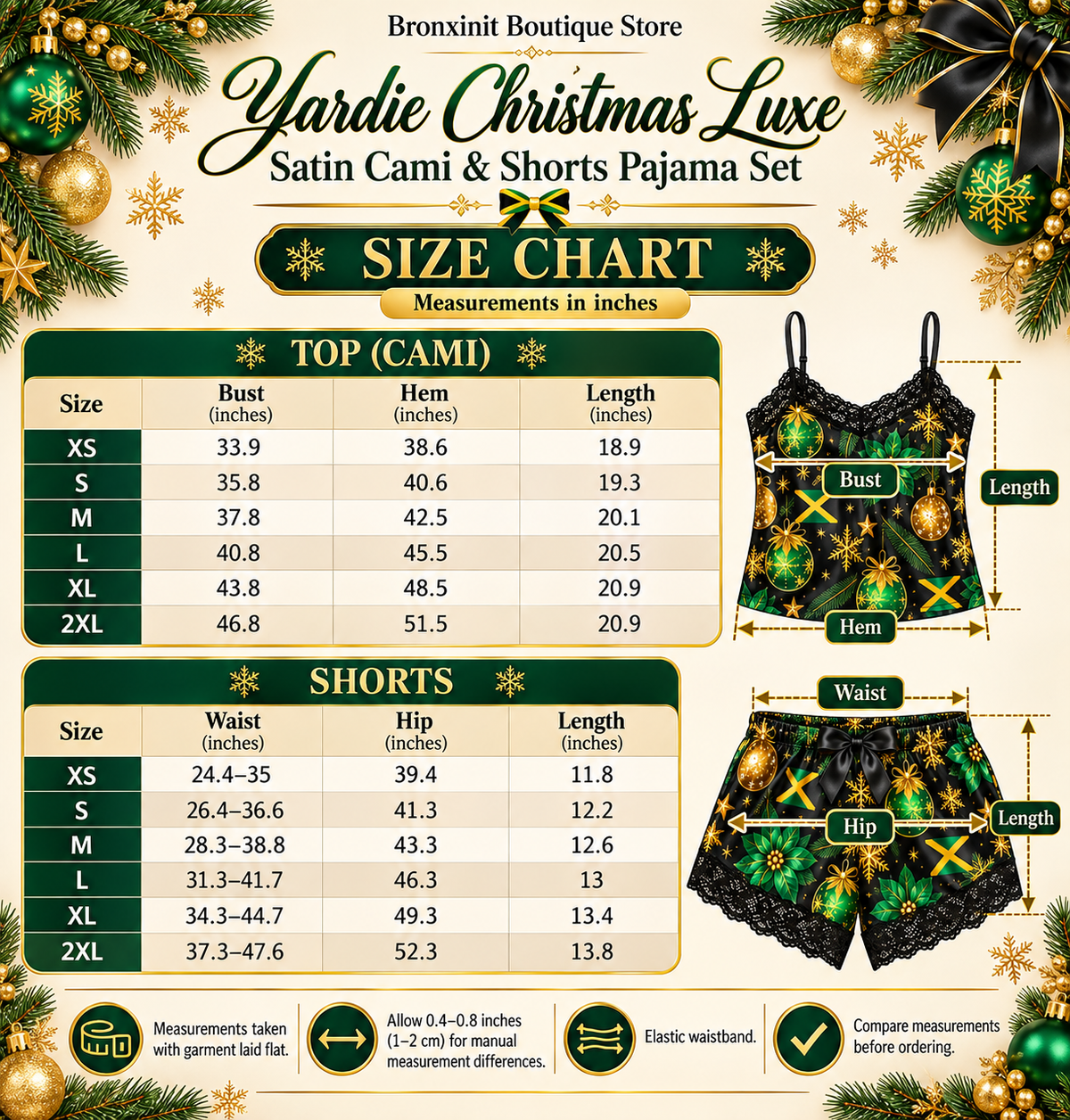 Jamaican Christmas Satin Pajama Set – Black Lace Trim, Holiday Sleepwe ...