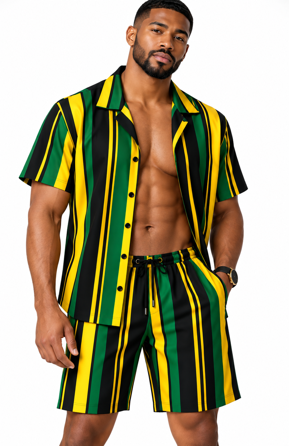 Yardie Luxe Jamaica Stripe Men's Two-Piece Set – Black, Green &amp; Gold Resort Shirt and Shorts