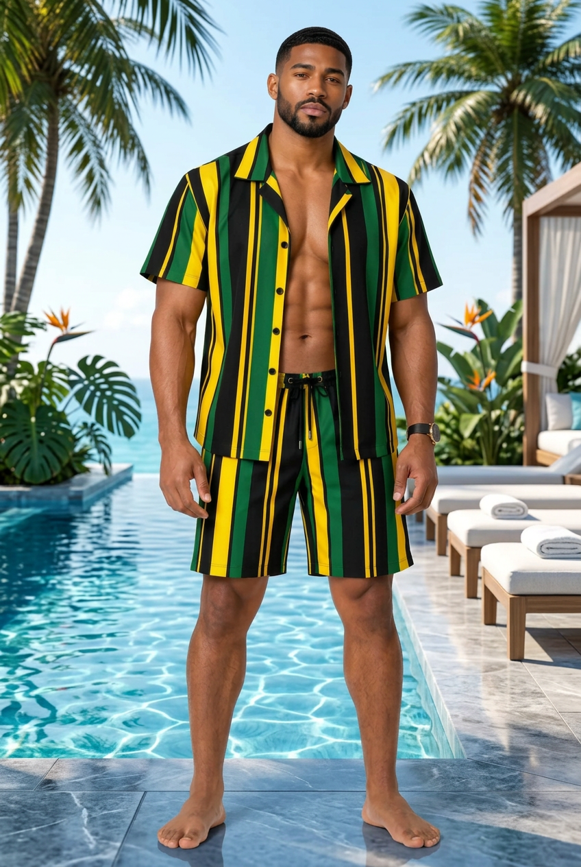 Yardie Luxe Jamaica Stripe Men's Two-Piece Set – Black, Green &amp; Gold Resort Shirt and Shorts