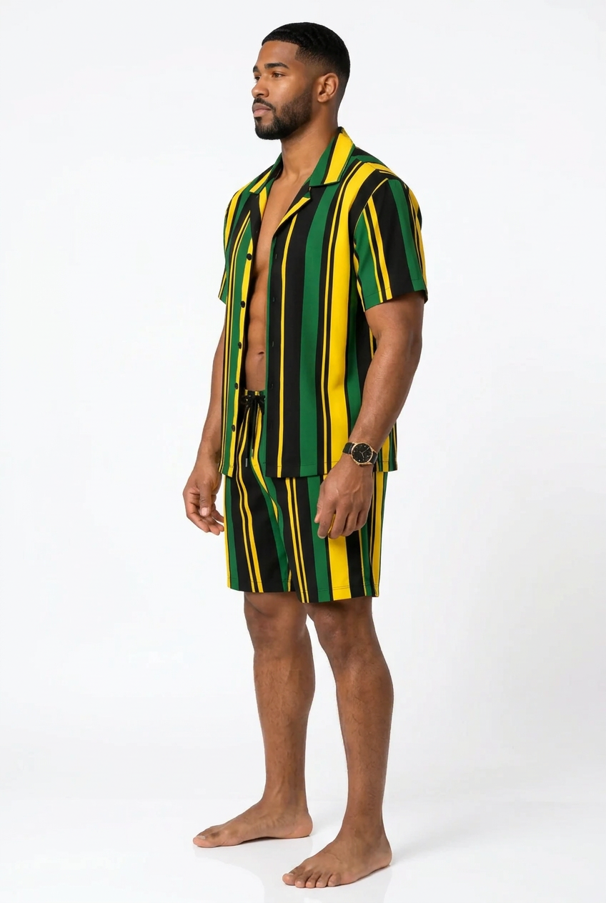 Yardie Luxe Jamaica Stripe Men's Two-Piece Set – Black, Green &amp; Gold Resort Shirt and Shorts