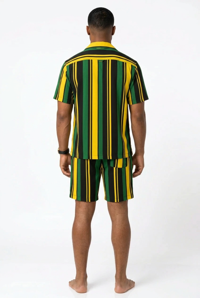 Yardie Luxe Jamaica Stripe Men's Two-Piece Set – Black, Green &amp; Gold Resort Shirt and Shorts