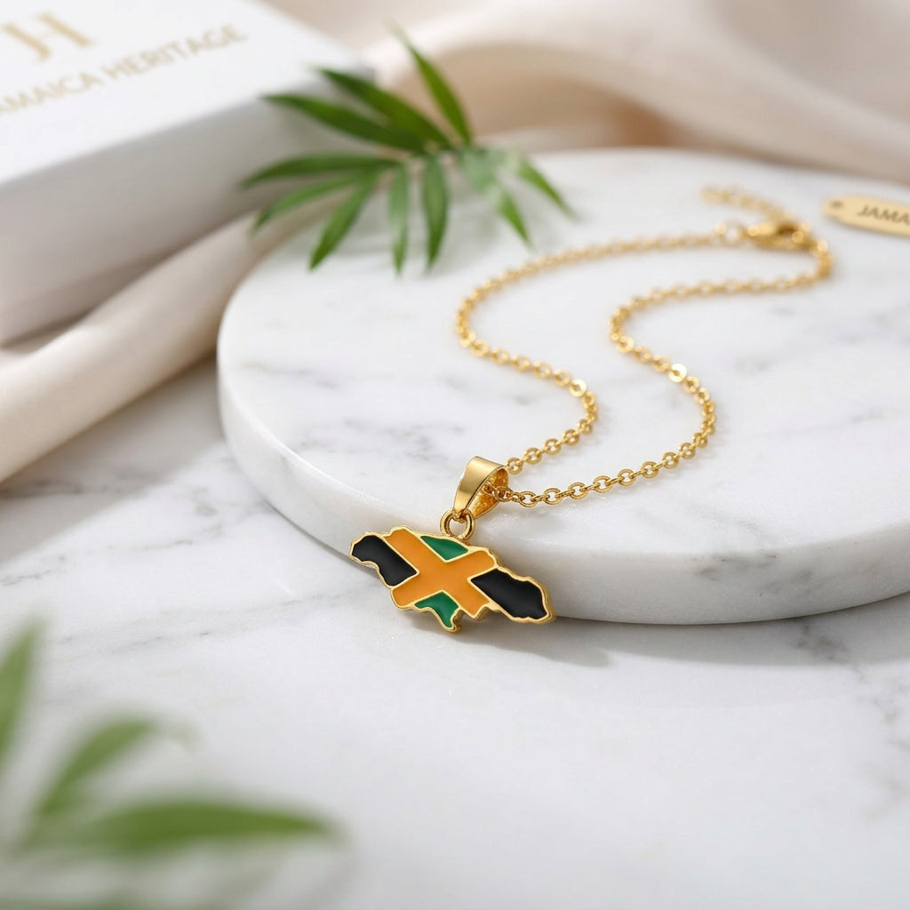 Yardie Roots Jamaica Map Pendant Necklace – Gold-Tone Jamaican Flag Chain, Unisex Caribbean Pride Jewelry