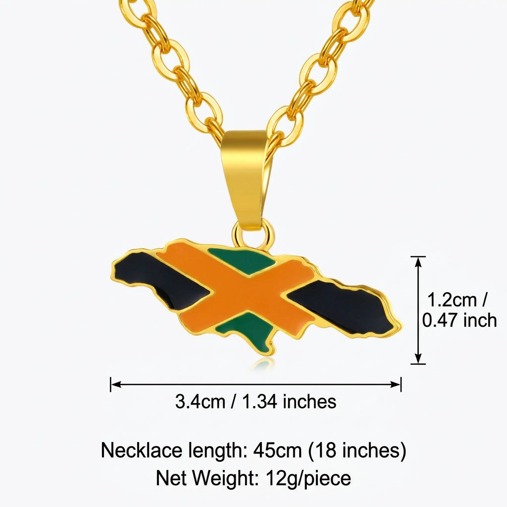 Yardie Roots Jamaica Map Pendant Necklace – Gold-Tone Jamaican Flag Chain, Unisex Caribbean Pride Jewelry