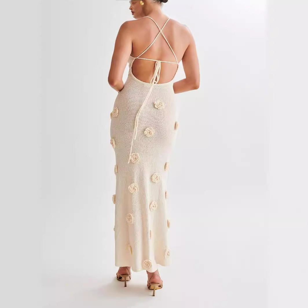 New Suspender Sleeveless Flower Knitted Backless Dress