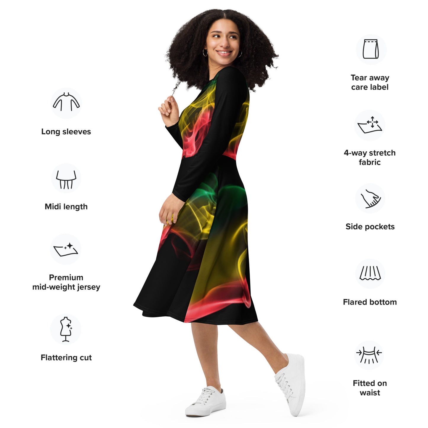 Red, Green, Gold and Black All-over print long sleeve midi dress