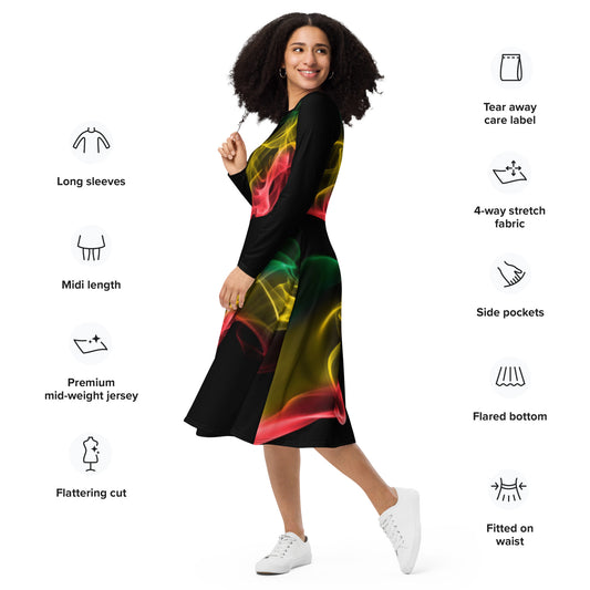 Red, Green, Gold and Black All-over print long sleeve midi dress