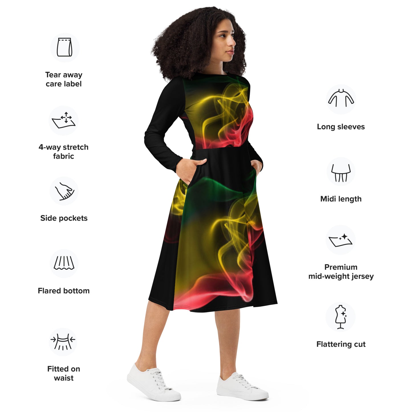 Red, Green, Gold and Black All-over print long sleeve midi dress