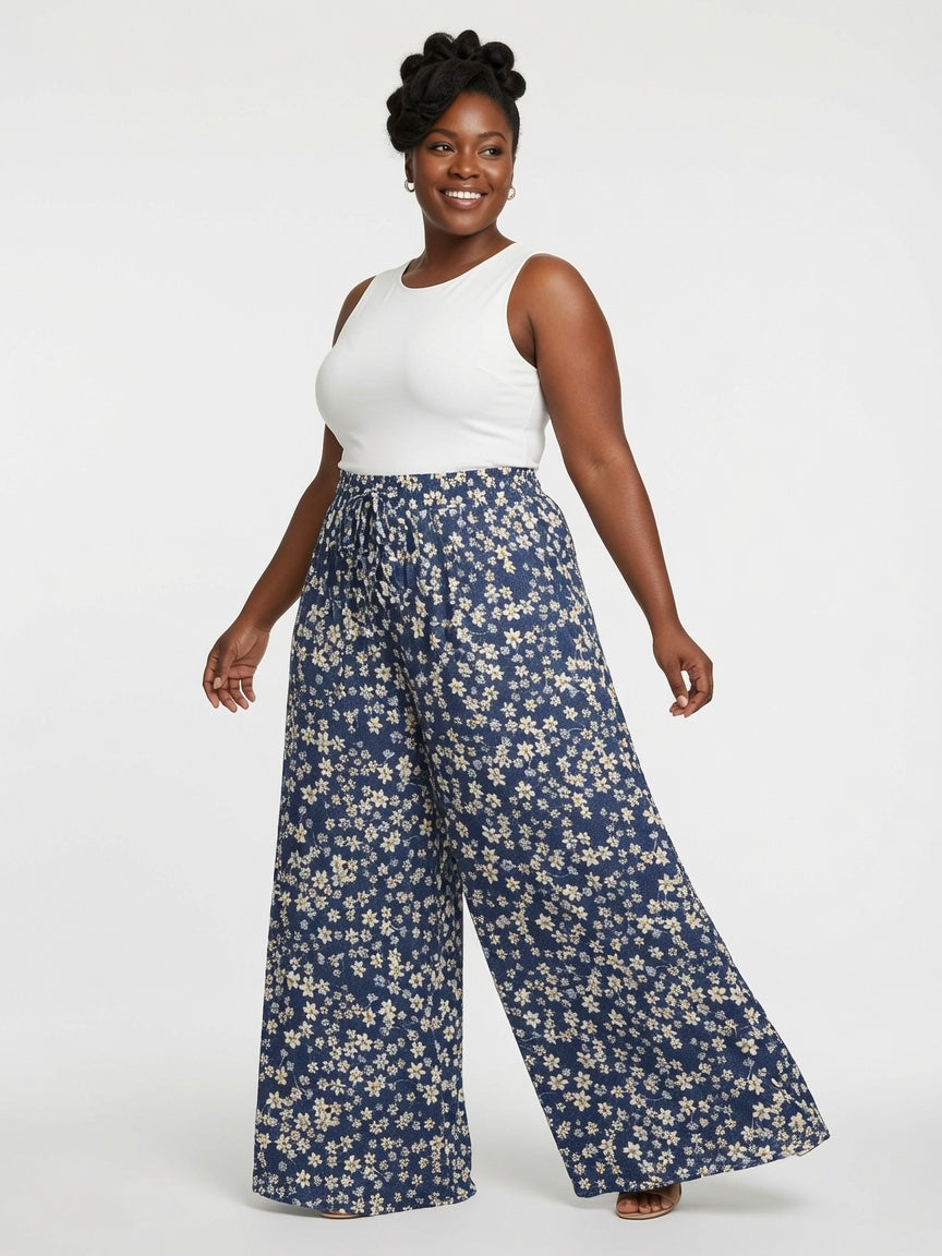 Women Floral Lightweight Wide Leg Pants With Elastic Waist, Drawstring and Pockets