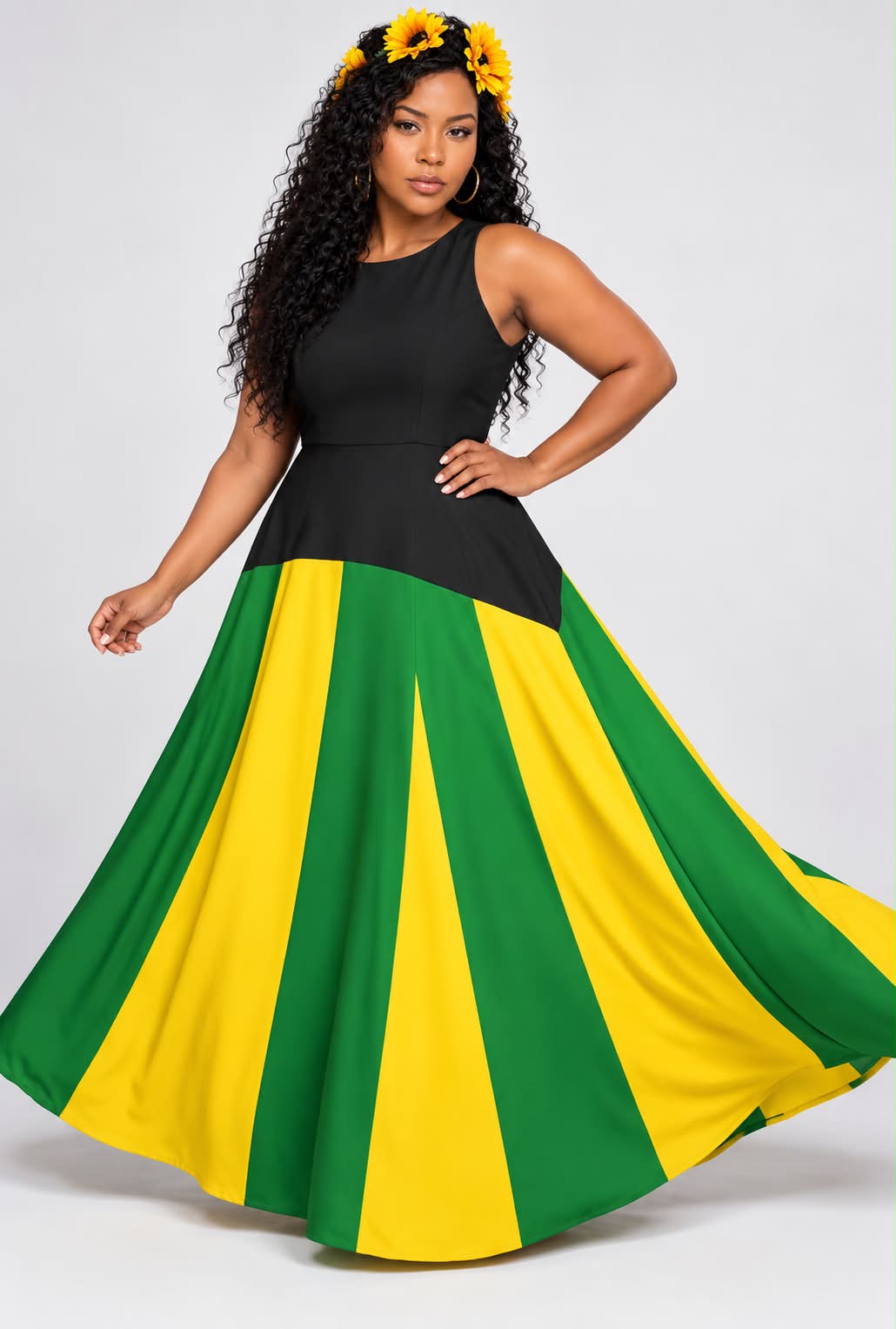 Jamaican Flag Colorblock Maxi Dress | Sleeveless Fit and Flare Gown