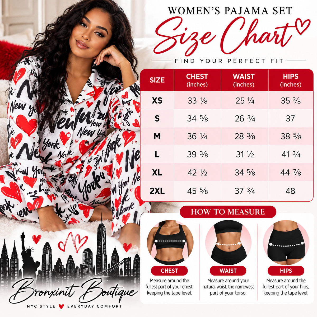 New York Love Affair Women’s Pajama Set, NYC Heart Print Long Sleeve Sleepwear, New York City Gift for Her, Matching Pajamas