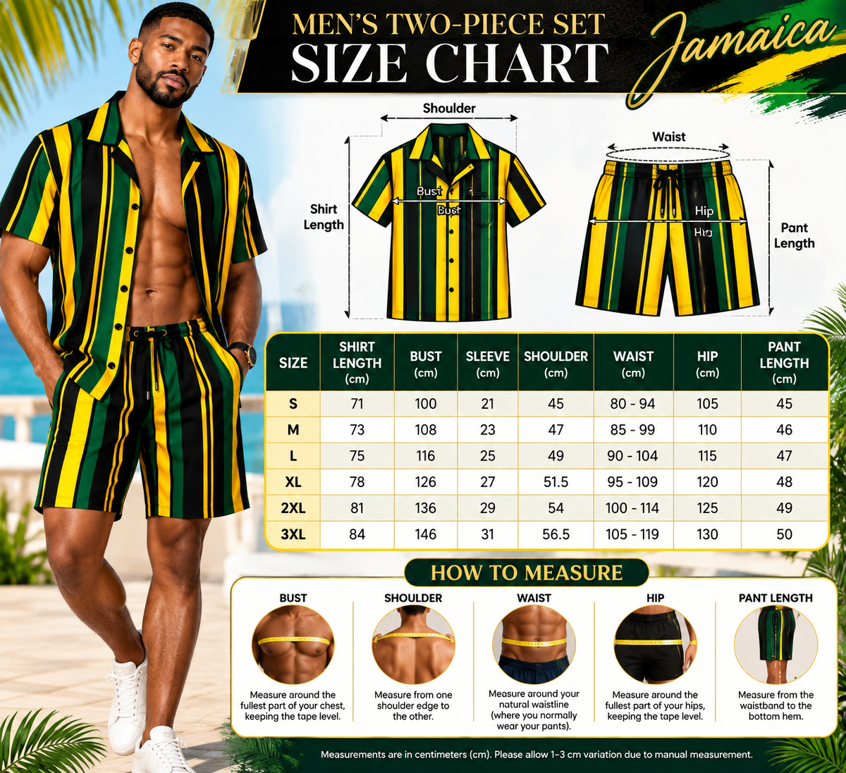 Yardie Luxe Jamaica Stripe Men's Two-Piece Set – Black, Green &amp; Gold Resort Shirt and Shorts