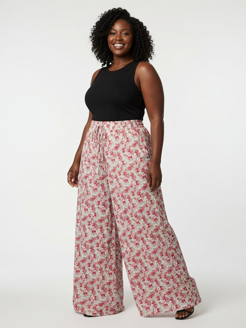 Women Floral Lightweight Wide Leg Pants With Elastic Waist, Drawstring and Pockets