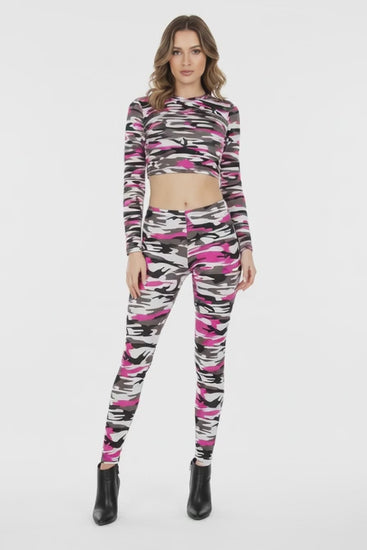 Docele Soft Brushed Camouflage Print Leggings Grey Pink US Size Medium