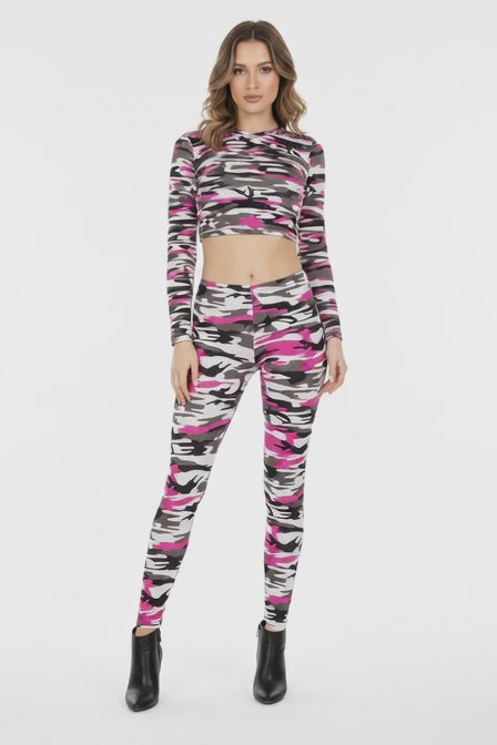 Docele Soft Brushed Camouflage Print Leggings Grey Pink US Size Medium